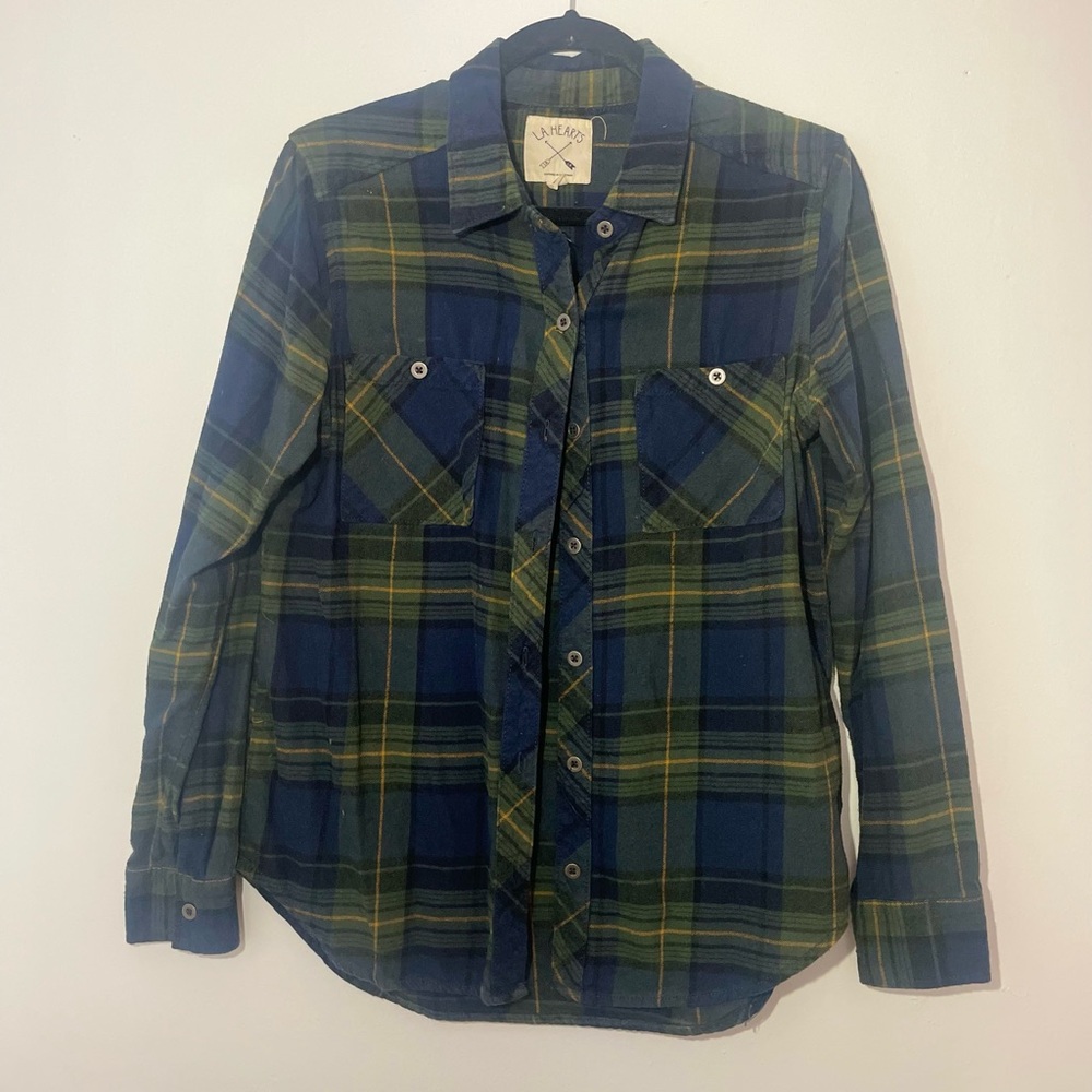 La Hearts Blue and Green Plaid Shirt